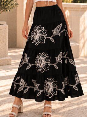 Funnique 100% Cotton Embroidered Floral Maxi Skirt Black Size S NWOT